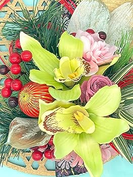 専用  お正月飾りフラワーアレンジメント お正月アレンジメント～小さな門松～（白いラタン・一合枡